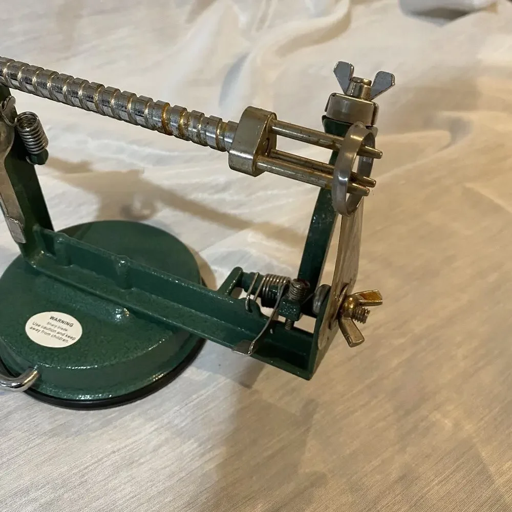 Vintage Green Metal Hand Crank Apple Peeler Corer with Locking Suction Base